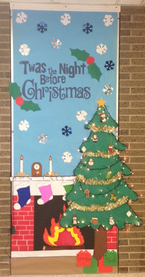 Twas The Night Before Christmas Bulletin Board, Twas The Night Before Christmas Door Decorations, Twas The Night Before Christmas Decor, 3rd Grade Music, Christmas Library Bulletin Boards, Classroom Door Christmas, Holiday Classroom Doors, Christmas Library, Christmas Cubicle