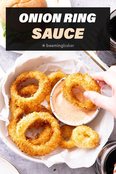 The BEST ever Onion Ring Sauce is creamy and flavorful with a kick of spice. Made with mayo, ketchup, paprika, and Cajun seasoning, this is the tastiest onion ring dipping sauce ever! Recipe from Beaming Baker. Onion Rings Dipping Sauce, Onion Ring Sauce, Fried Onion Rings Recipe, Ring Recipes, Onion Rings Recipe, Onion Ring, Homemade Cajun Seasoning, Onion Recipes, Cajun Seasoning