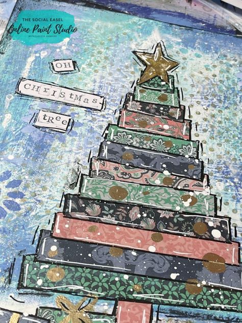 Mixed Media Christmas Tree, Mixed Media Christmas Art, Mixed Media Christmas Cards, Christmas Mixed Media, Mixed Media Christmas, Cabin Crafts, Xmas Art, Painting Apron, Live Christmas Trees