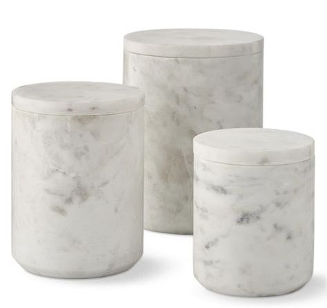 Marble canisters from Williams-Sonoma Top Of Refrigerator, White Canisters, Kitchen Counter Organization, Packaged Snacks, Stainless Steel Range, I Love Lamp, Glass Canisters, Storage Canisters, Healthy Oils