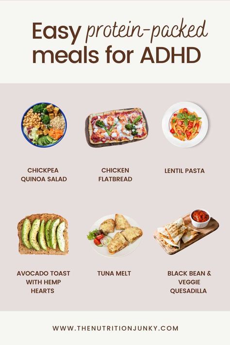 Do you have attention deficit disorder or ADHD? Find quick and easy meals from a Registered Dietician Nutritionist who specializes in ADHD nutrition and is also a recipe developer. You can learn more about evidence-based nutrition content, tips for those with ADHD, and many delicious healthy food recipes including ones that are vegan, vegetarian, gluten free, and dairy free. Low Effort Vegan Meals, Neurodivergent Recipes, Quick Balanced Meals, Registered Dietician Recipes, Neurodivergent Food, Functional Nutrition Recipes, Sensory Friendly Meals, Dietician Meals, Executive Dysfunction Meals