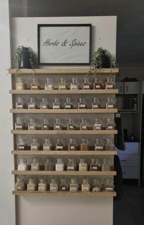 Herb Organization, Spice Rack Wall Mount, Spice Shelf Ideas, French Country Pantry, Wall Shelf For Spices, Herbal Apothecary Shelves, Witchy Spice Rack, Countertop Shelves, Cottage Core Spice Rack