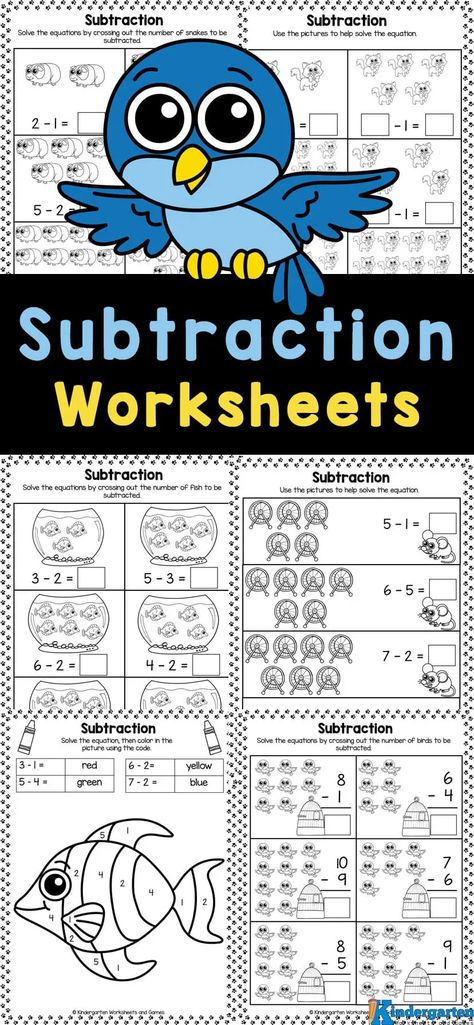 If you are working on teaching preschool, pre-k, and kindergarten age kids how to subtract, you will love these subtraction worksheets! This pack of free printable kindergarten subtraction worksheets makes learning math easy by using subtraction worksheets with pictures. Simply print some of the 17 subtraction worksheets for kindergarten pdf and you are ready to make learning fun! Subtraction Ideas For Kindergarten, Subtraction Worksheets Grade 1 Free Printable, Teaching Subtraction Kindergarten, Free Subtraction Worksheets Kindergarten, Picture Subtraction Worksheets, Addition And Subtraction Kindergarten, Free Subtraction Worksheets, Preschoolers Worksheets, Subtraction Worksheets For Kindergarten