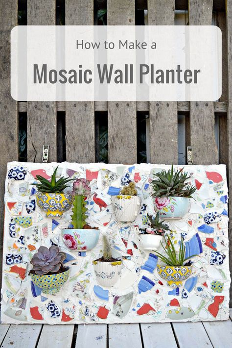 Stunning succulents mosaic wall planter. Made from upcycled broken crockery. Step by step tutorial. Window Flower Box Ideas, Flower Box Ideas, Broken Porcelain, Succulent Wall Planter, Mosaic Planters, China Crafts, Window Box Flowers, Wall Planters, Mosaic Garden Art