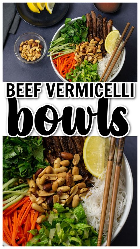 beef vermicelli bowls Beef Vermicelli Bowl, Beef Vermicelli, Vermicelli Bowl, Beef Bowl Recipe, Grain Bowl Recipe, Noodle Bowls Recipes, Vermicelli Recipes, Rice Noodle Recipes, Main Course Dishes