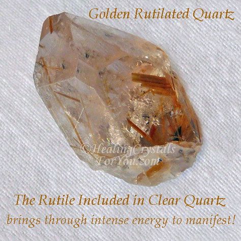 Rutile Included in Clear Quartz brings through intense energy to manifest! Golden Rutilated Quartz Is Clear Quartz With Fine Golden Rutile Inclusions The sizzling power of the threads of rutile will bring through intense energy to manifest what you desire! #GoldenRutilatedQuartz #CrystalProperties #MeaningsandUse Rutilated Quartz Meaning, Rutilated Quartz Jewelry, The Power Of Intention, Power Of Intention, Quartz Meaning, Healing Crystals For You, Crystal Uses, Rutilated Quartz Crystal, Crystal Properties