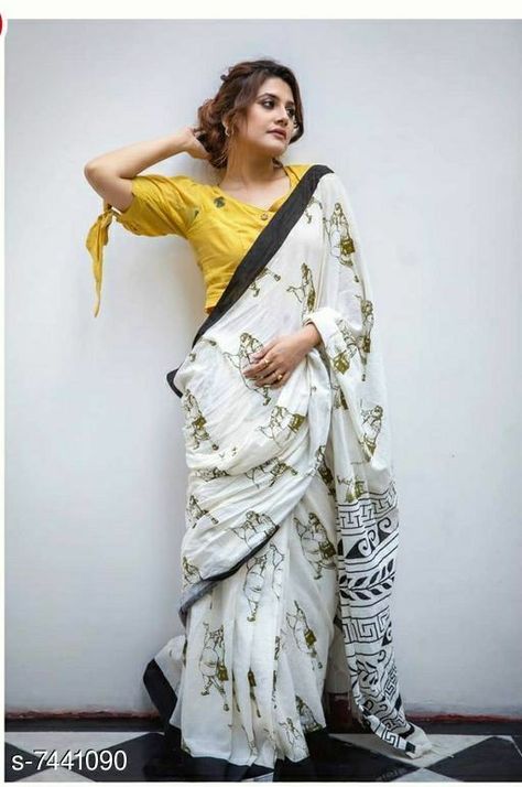 Saree With Designer Blouse, Cotton Printed Saree, Trending Sarees, Frocks And Gowns, Cotton Saree Blouse Designs, Blouses Designs, Sarees Cotton, Indian Sari Dress, Khadi Saree