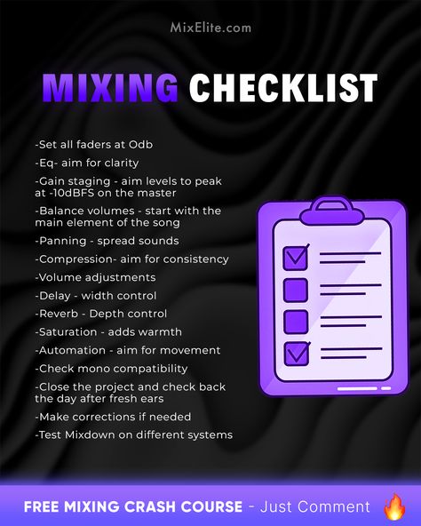 Free Mixing Crash Course 👉 MixElite.com/free-course  Mix Master Checklist 🎛️   #MixingTips #MusicProduction #AudioEngineering #HomeStudio #StudioLife #ProducerLife #FLStudio #Producers #BeatMaking #SoundDesign #AudioMixing Mastering Chain, Learn To Dj, Music Hacks, Mixing Music, Music Basics, Recording Studio Equipment, Music Engineers, Audio Engineering, Music Tips