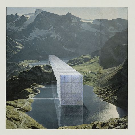 Superstudio, The Continuous Monument: Alpine Lakes, project (Perspective), 1969 Collage Architecture, Internet Art, Architectural Rendering, Architecture Collage, Alpine Lake, Architecture Rendering, Paul Gauguin, Model Drawing, Zaha Hadid