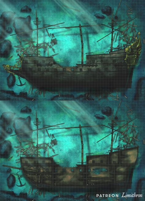 Capsized Galleon [52x36] |  Limithron auf Patreon Underwater Structures, Underwater Shipwreck, Dnd Locations, Sea Map, Ship Map, Dnd World Map, Fantasy Town, Fantasy World Map, Tabletop Rpg Maps