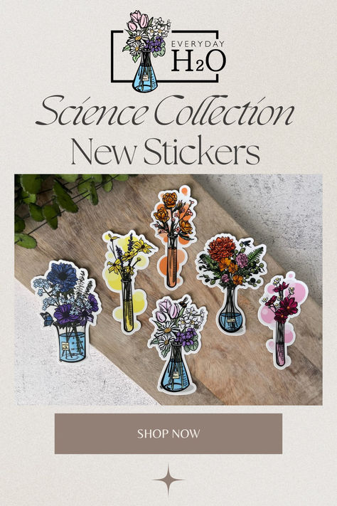 Science flasks filled with virbant florals, art by Everyday H2O. High quality vinyl stickers. Dahlia Pink, Erlenmeyer Flask, Red Dahlia, Blue Dahlia, California Poppies, Science Stickers, Test Tubes, Forget Me Nots, California Poppy