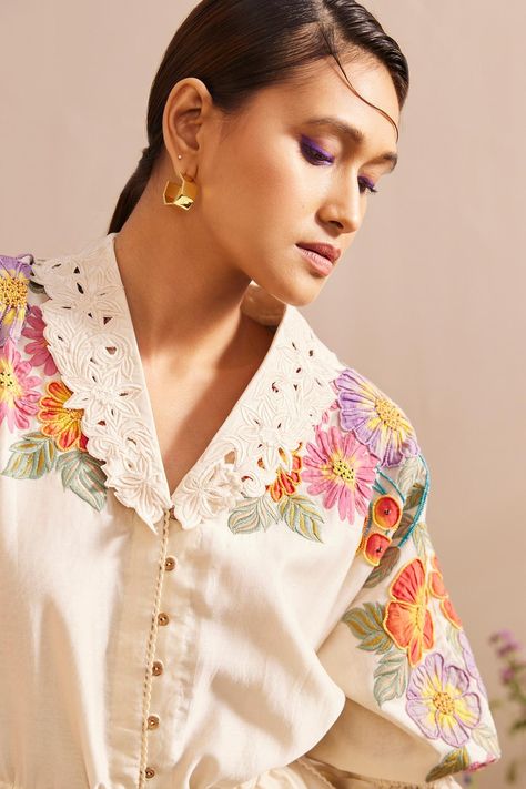 Buy Chandrima Ivory Chanderi Floral Embroidered Shirt Dress Online | Aza Fashions Shirt Dress For Women, Floral Embroidered Shirt, Embroidered Shirt Dress, Kimono Shirt, Kurti Patterns, Coord Set, Ivory Fabric, Dress Neck Designs, Applique Shirts