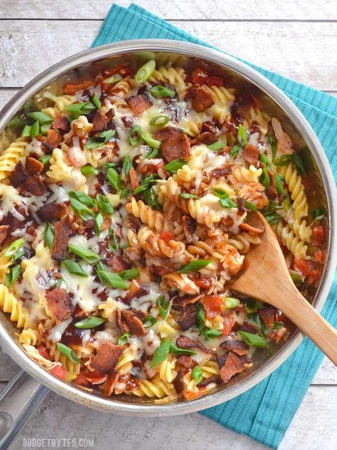 Monterey Chicken Skillet - with VIDEO - One Pot Pasta - Budget Bytes Monterrey Chicken, Gf Pasta, Monterey Chicken, Skillet Pasta, Chicken Skillet, Quick Chicken Recipes, Pre Cooked Chicken, Budget Bytes, Recipe Dinner