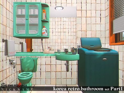 The Sims Resource - korea retro bathroom set Part1 Rainbow Bathroom, 50s Decor, Japanese Bathroom, Retro Shower Curtain, Retro Bathroom, Bathroom Stool, Sims 4 Game Mods, Retro Bathrooms, Decor Buy