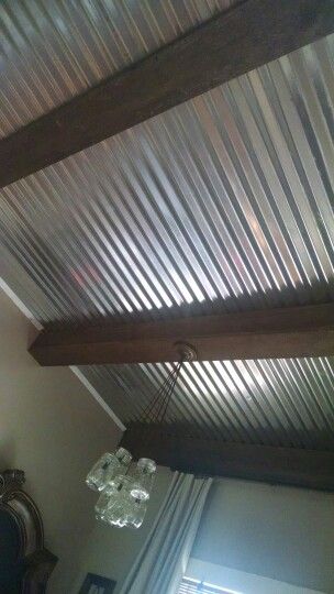 Tin Ceiling With Wood Beams, Tin Vaulted Ceiling, Tin Basement Ceiling, Black Tin Ceiling, Galvanized Tin Ceiling, Metal Ceiling Ideas, Corrugated Metal Ceiling, Kitchen Ceiling Ideas, Salon Makeover