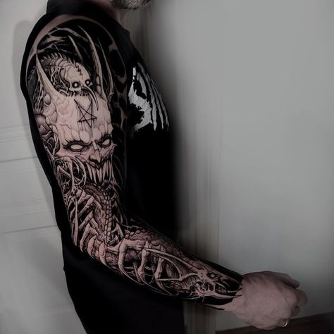 Samurai Tattoo Sleeve, Men Flower Tattoo, Monster Tattoo, Wrist Tattoo Designs, All Black Tattoos, Organic Tattoo, Throat Tattoo, Goth Tattoo, Hand And Finger Tattoos