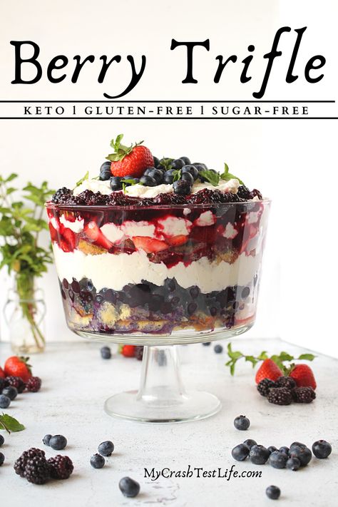 Healthy Trifle Desserts, Keto Trifle Desserts, Sugar Free Trifle Desserts, Keto Trifle, Healthy Trifle, Dairy Free Trifle, Sugar Free Strawberry Cheesecake, Almond Sponge Cake, Almond Flour Cake