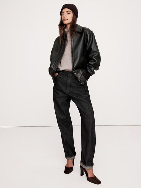 Oversized Leather Bomber Jacket | Banana Republic Edgy Jacket, Leather Jacket Outfits, Outfit Inspo Fall, Fall Jackets, Black Leather Jacket, Leather Jackets Women, Fall 2024, Hip Length, Outerwear Jackets