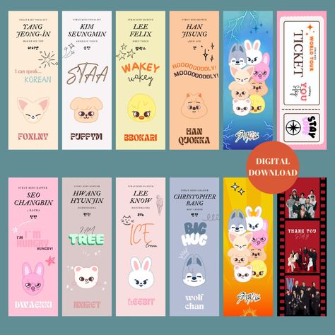 Skz Bookmarks Diy, Kpop Bookmark Printable, Skzoo Printable, Skz Bookmarks, Skzoo Bookmark, Stray Kids Bookmark, Stray Kids Printable, Cute Bookmarks Printable, Kpop Bookmark