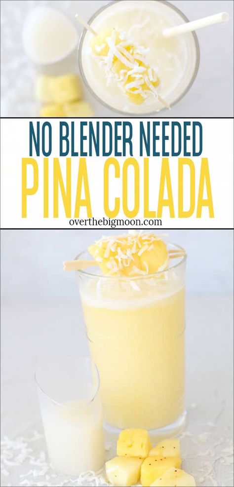 An easy and creamy No Blender Pina Colada made out of a coconut pineapple sparkling water, cream of coconut, and pineapple chunks! This non-frozen pina colada is the perfect fresh drink on a warm day! From overthebigmoon.com #pinacolada #cocktail #coconut #pineapple #virginpinacolada #partydrink Pineapple Water Recipe, Pina Colada Punch, Easy Pina Colada Recipe, Cocktail Coconut, Sparkling Water Recipes, Juice Ideas, Pina Colada Mocktail, Pina Colada Drinks, Virgin Pina Colada