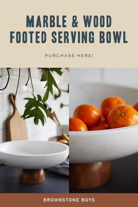 Crafted with a marble bowl and acacia wood foot, this serving bowl is a modern, rustic addition to the tabletop.  Elevate your entertaining game with this stunning Marble and Wood Footed Serving Bowl! Perfect for showcasing fresh fruits, salads, or snacks, this bowl combines the elegance of marble with the warmth of wood for a unique, stylish look.  #ServingBowl #HomeDecor #EntertainingEssentials #MarbleAndWood #TableSetting #KitchenInspo #StylishServing Brownstone Boys, Moody Interiors, Marble Bowl, Marble Wood, Entertaining Essentials, Fresh Fruits, Acacia Wood, Modern Rustic, Kitchen Interior