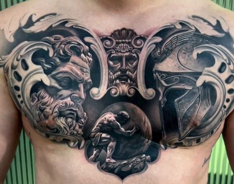 Spanish Conquistador Tattoo, Greek Chest Tattoo Men, Greek Mythology Tattoos Chest, Greek Mythology Chest Tattoo, Spartan Chest Tattoo, Chest Sleeve Tattoo Men, Half Chest Tattoo Men Ideas, Mens Chest Tattoos, Cover Up Tattoos For Men