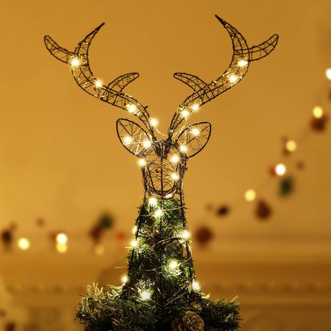 PRICES MAY VARY. UNIQUE REINDEER CHRISTMAS TREE TOPPERS - Designed in a detachable deer head with golden string beads, and wrapped with metal wire frame, this Xams tree topper ornament adds a fairy atmosphere and warmth to any Christmas decorating theme. It's more special than other usual tree toppers. STABLE FIT - Made from premium metal material, the large base can match perfectly with the top branches of your Christmas tree, which ensures the unique treetop attaches securely to your tree. Stu Christmas Reindeer Lights, Christmas Tree Toppers Unique, Xmas Decorations Outdoor, Xmas Tree Toppers, Reindeer Lights, Light Tree, Christmas Topper, Outdoor Home Decor, Christmas Themes Decorations