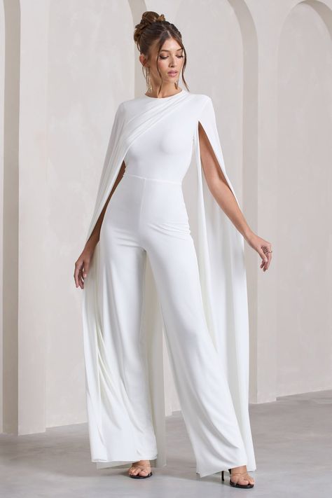 Harley White Straight-Leg Jumpsuit With Cape Sleeves – Club L London - USA Jump Suites Elegant Wedding, Long Sleeve Wedding Jumpsuit, Bridal Jumpsuit With Cape, Graduation Outfit Ideas White, Engagement Jumpsuit, Bridal Jumpsuit The Bride, White Wedding Jumpsuit, Officiant Attire, Wedding Views