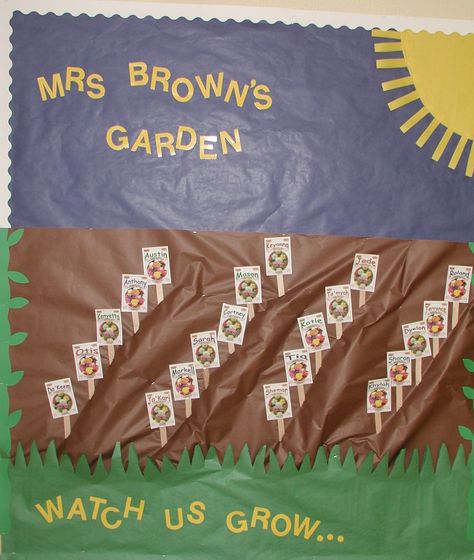 beginning kindergarten bulletin board Growing Bulletin Board Ideas, Growing Classroom Theme, Watch Us Grow Bulletin Board, Garden Bulletin Board Ideas, Bulletin Board Plants, Garden Classroom Theme, Beginning Kindergarten, Farm Bulletin Board, Garden Bulletin Boards