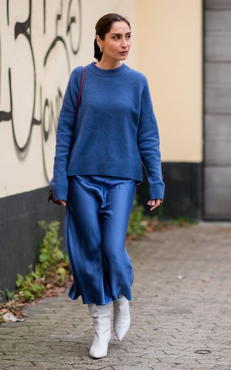 Jumper And Slip Skirt, Blue Slip Dress Outfit Winter, Blue Slip Skirt Outfit, Navy Slip Skirt Outfit, Slip Skirt Outfit Winter, Blue Monochrome Outfit, Slip Dress Outfit Winter, Blue Satin Skirt, Blue Silk Skirt