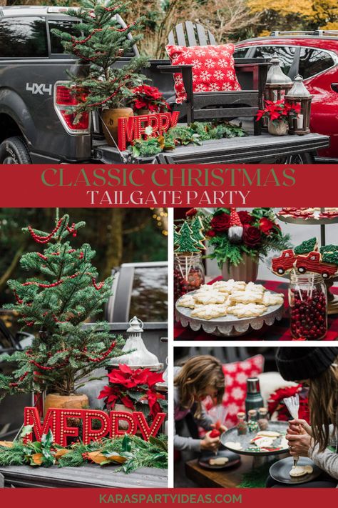 Tailgate Christmas Party, Christmas Tailgate Party, Christmas Outdoor Party Ideas, Backyard Christmas Party, Christmas Greenery Wreath, Warehouse Party, Woodinville Washington, Outdoor Christmas Party, Christmas Cocktail Party