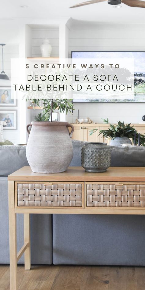 Check out these easy ideas to decorate a table behind the couch Decorate Sofa Table, Simple Sofa Table Decor, Styling Sofa Table, Styling A Sofa Table, Style Sofa Table, Sofa Table Decor Behind Couch, How To Style Sofa Table, Behind The Sofa Table, Table Behind Couch Decor