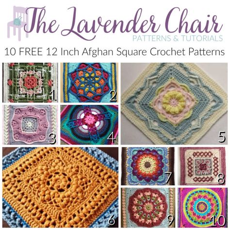 10 FREE 12 Inch Afghan Square Crochet Patterns - The Lavender Chair Lavender Chair, The Lavender Chair, Lace Blanket, Crocheted Squares, Mandala Blanket, Afghan Squares, Granny Square Crochet Patterns Free, Crochet Vest Pattern, Easy Crochet Projects