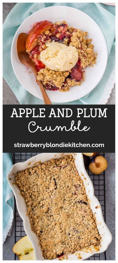 Not only is this Apple and Plum Crumble gorgeous, it’s simple and bursting with delicious fall fruit.  The crumble topping brings it all together to create one magnificent dessert!  Top it with vanilla ice cream for a real treat! #AppleWeek #sponsored #crisprecipe #crumblerecipe #dessert #desserttable #desserts #dessertfoodrecipes #applerecipes #plum #plumrecipes Plum Apple Crumble, Apple And Plum Recipes, Plum And Apple Crumble, Strawberry Blondie, Plum Dessert, Healthy Apple Desserts, Plum Crumble, Fall Fruit, Plum Recipes