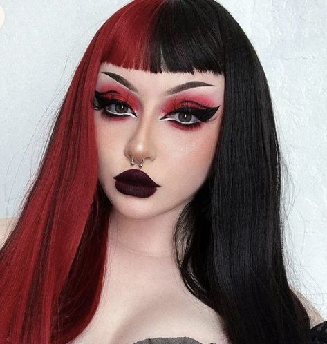 Maroon Goth Makeup, Red Gothic Makeup Look, Black Goth Eye Makeup, Gothic Barbie Makeup, Goth Makeup Red Lips, Gothic Red Makeup, Red Goth Eye Makeup, Red And Black Eye Makeup Gothic, Black And Red Makeup Looks Gothic