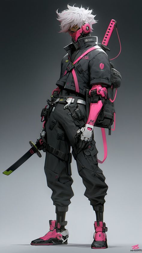 Stylized Cyberpunk Character, Cyberpunk Hero Outfit, Cyberpunk Custom Character, Future Samurai Cyberpunk, Post Apocalyptic Oc Male, Cyberpunk Clothes Concept Art, Tech Wear Character Design, Character Outfits Drawing Male, Cyberpunk Men Character Design