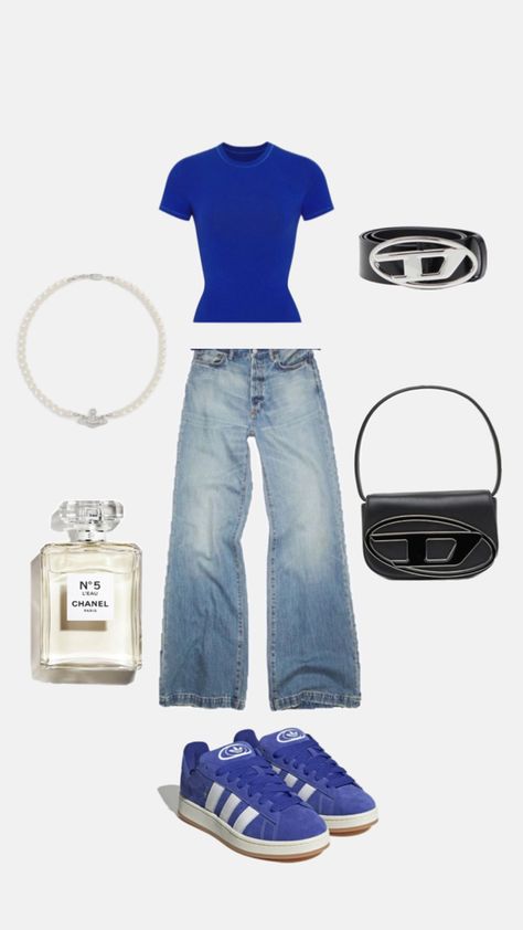 Blue Aesthetic Outfit, Baggie Pants, Blue Campus, Blue Shirt Outfit, Belt Chanel, Diesel Belt, Campus 00, Chanel N 5, Diesel Bag