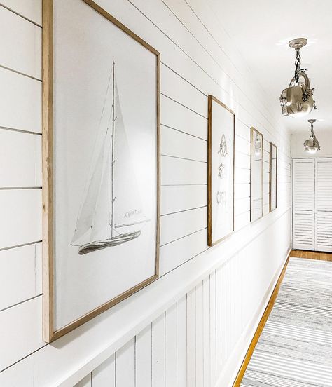 Shiplap Wall Coastal, Modern Coastal Feature Wall, Nautical Hallway Ideas, Shiplap Coastal Living Room, Shiplap Wall Horizontal, Horizontal Wood Paneling Wall, Vertical Or Horizontal Shiplap, Horizontal Shiplap Half Wall, Shiplap And Wainscoting Together