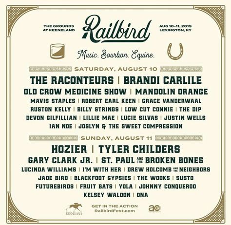 New Kentucky festival Railbird poster 2019 Railbird Festival, Ruston Kelly, Robert Earl Keen, Old Crow Medicine Show, Mavis Staples, Grace Vanderwaal, Brandi Carlile, Music Festival, Kentucky