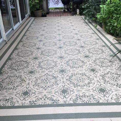 Stenciled Fence, Floor Stencils Patterns, Stenciled Concrete Floor, Mandala Wall Stencil, Floor Stencil, Paint Concrete Patio, Stencil Concrete, Tile Stencils, Porch Tile