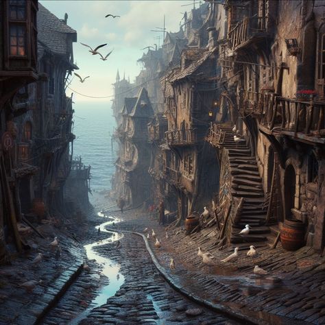 Colonial Fantasy Art, Shanty Town Concept Art, Poor Fantasy Village, Fantasy Mining Town, Fantasy Barracks, Dystopian Village, Fantasy Slums, Dnd City Art, Destroyed Kingdom