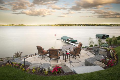 Luxury Landscape Design and Construction | Southview Design Hillside Patio, Lake Landscaping, Unique Patios, Coastal Entryway, Coastal Landscaping, Coastal Patio, Urban Backyard, Luxury Landscaping, Bluestone Patio