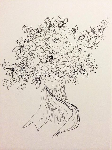 Flower Bouquet Pen Drawing, Sketch Flower Bouquet, Flower Bouquet Drawing Reference, Sketch Of Bouquet Of Flowers, Bouquet Sketch Drawings, Hand Holding Bouquet Drawing, Floral Arrangement Drawing, Bouquet Drawing Reference, Bouquet Of Flowers Reference