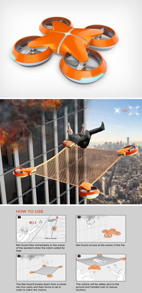 The Net Drone is a single unmanned aerial vehicle (UAV) made together by joining four identical quadrants with propellers. The drone takes off into the sky to rescue victims stuck at the top of high-rises in the event of a calamity requiring evacuation. It then, promptly, splits into four parts, as a safety net unfurls between the individual parts, creating a protective bed the victim can jump onto. Kule Ting, Teknologi Gadget, Drones Concept, Drone Design, New Technology Gadgets, Unmanned Aerial Vehicle, Safety Net, Drone Technology, Cool New Gadgets