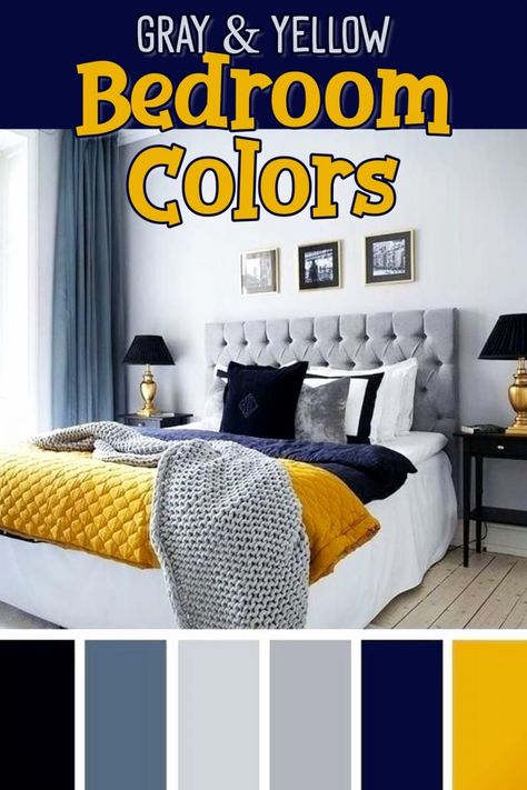 Bedroom accent colors for a gray and yellow bedroom - gray, yellow, blue and navy blue bedroom decorating ideas- beautiful master suite bedroom colors, dorm room colors or a teen bedroom color scheme. Really brightens up a small apartment bedroom too! Masculine Yellow Bedroom, Gray And Mustard Bedroom, Blue Gray Yellow Color Palette, Blue And Yellow Room Bedrooms, Gray Navy Bedroom, Bedroom Accent Colors, Gray And Navy Bedroom, Navy And Yellow Bedroom, Yellow Bedding Bedroom