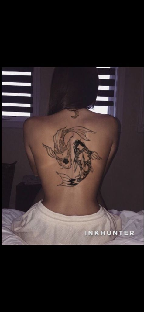 Fish Back Tattoo, Koi Fish Back Tattoo, Koi Tattoo Design, Basic Tattoos, Spine Tattoos For Women, Tattoos For Black Skin, Fish Tattoo, Stomach Tattoos, Thigh Tattoos Women