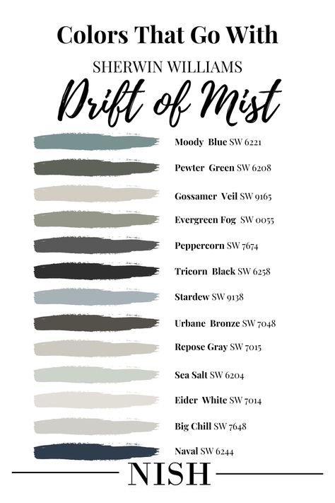 Coordinating Colors With Drift Of Mist, Drift Of Mist Paint Color, Sherwin Williams Drift Of Mist Coordinating Colors, Drift Of Mist Living Room, Sw Drift Of Mist Coordinating Colors, Drift Of Mist Color Palette, Drift Of Mist Sherwin Williams Coordinating Colors, Colors That Go With Drift Of Mist, Drift Of Mist Exterior House