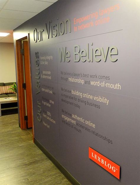 LexBlog, a legal social media networking company, needed a fresh look for their new downtown office space. Working with their vision and beliefs, we created a unique corporate environment that fit within their established brand.Using LexBlog's wide arra… Office Wall Graphics, Church Lobby, Office Wall Design, Training Room, Corporate Office Design, Grey Office, Staff Room, Church Interior, Office Branding