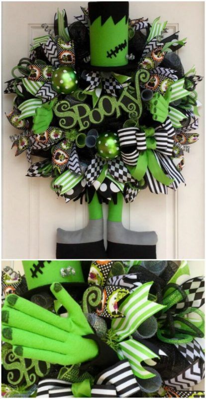 29. Frankenstein’s Monster Deco Mesh Wreath Frankenstein Wreath, Filofax Diy, Monster Door, Monster Wreath, Halloween Slime, Spooky Ideas, Autumn Is Coming, Halloween Mesh Wreaths, Deco Mesh Wreaths Diy