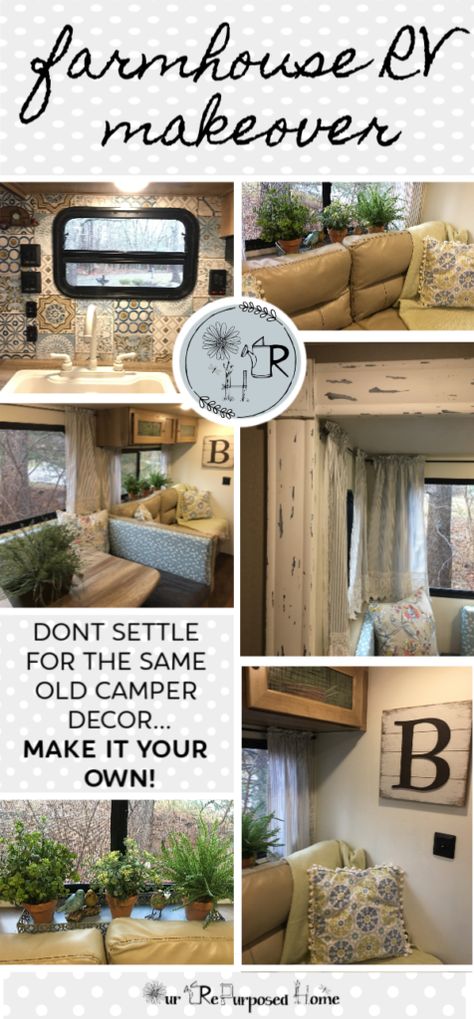 Decorating My Rv Rv Interior, Rustic Camper Decorating Ideas, Camper Farmhouse Decor, Driving Rv Remodel, Rv Farmhouse Makeover, Travel Trailer Upgrades Diy, Farmhouse Rv Decorating, Travel Trailer Remodel Before And After, Rustic Rv Decor Camper Interior